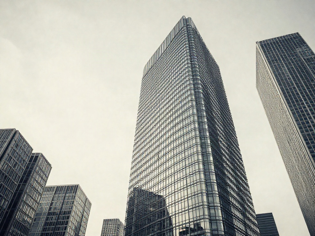 An upward perspective of contemporary glass office towers